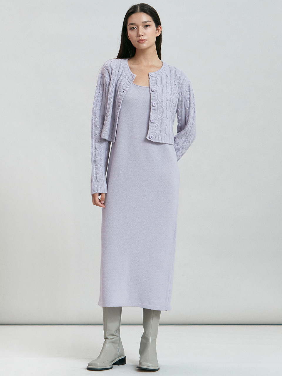 [SET]cashmere cable knit cardigan + sleeveless knit onepiece (violet)