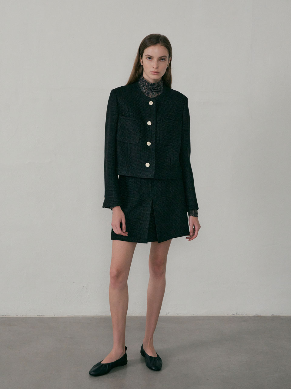 22Fall Flat Tweed Skirt (Black)